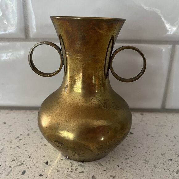 Vintage Brass Vase With Double Handles Made in India Home Gold Decor MCM - Picture 3 of 6